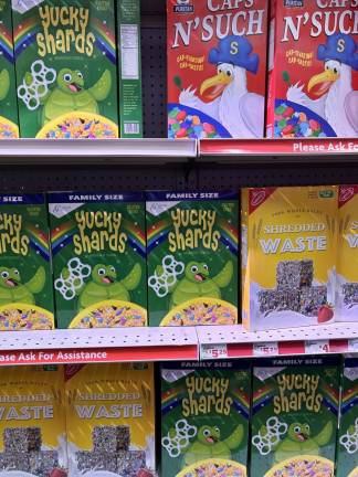 Yucky Shards, Caps N’ Such and Shredded Waste are among the options in the cereal aisle.