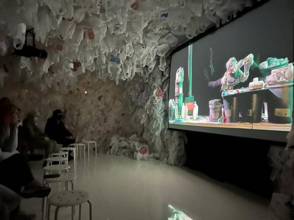 Original, inventive puppetry plays take place in intricate handmade cardboard sets, viewed on film by the audience inside a cave-like room with a ceiling densely covered in plastic bags.