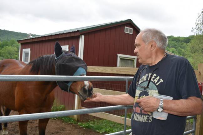 Crain with a horse that came to the sanctuary blind in one eye and afraid of people. Homer is wearing a fly mask.