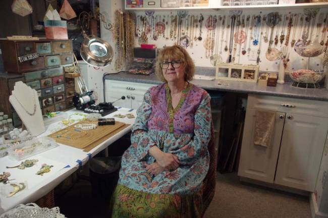 Janine Sedar in her basement workshop in Sparta, NJ.